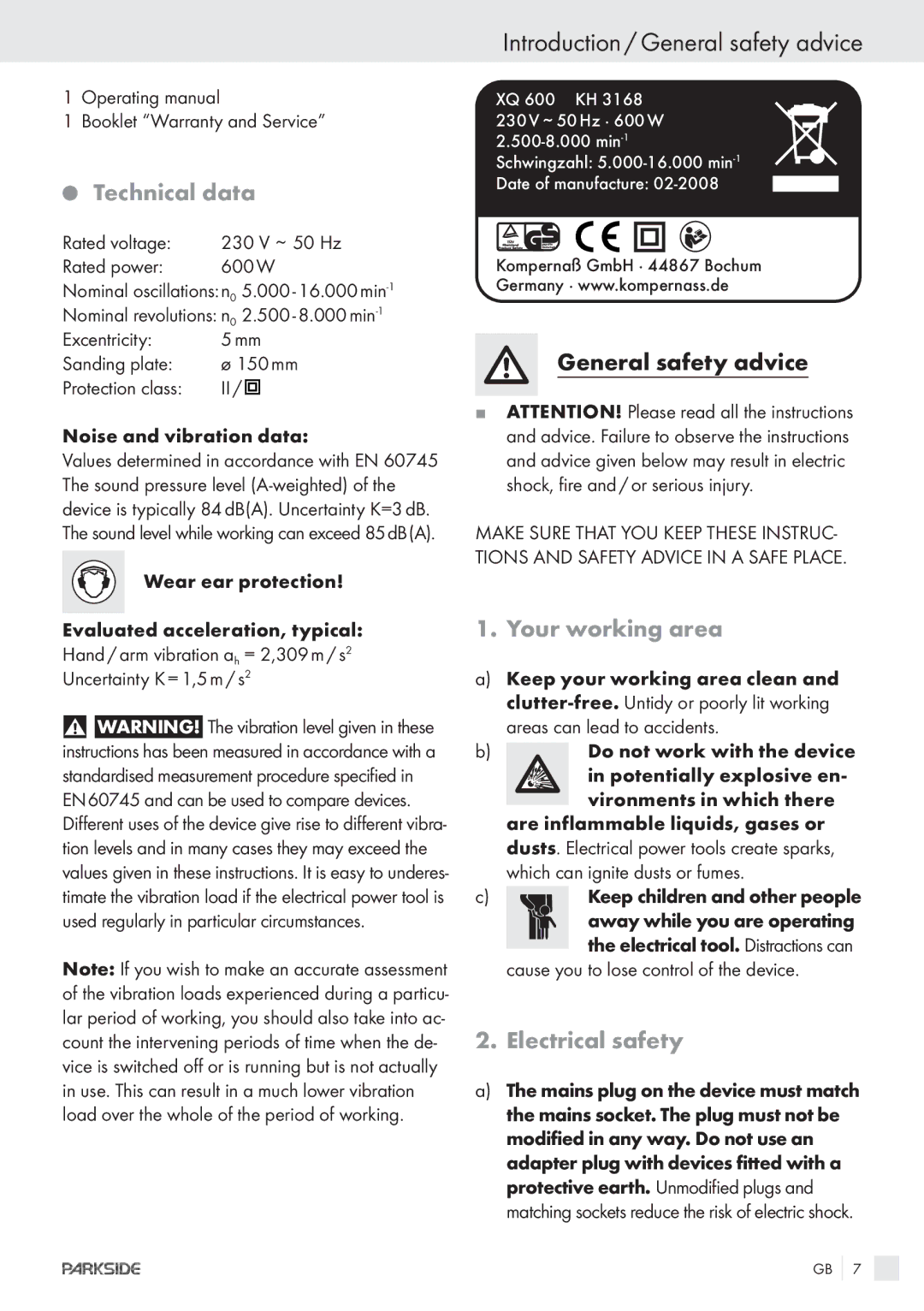 Parkside XQ600 manual Introduction / General safety advice, Technical data, Your working area, Electrical safety 